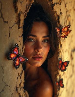 The primary subject of the image is a woman with a beautiful face, surrounded by a variety of butterflies. She is peeking out from behind a wall, which serves as the setting for the scene. The visual style of the image is a combination of photo and digital art, creating a unique and captivating atmosphere. The colors and mood of the image are vibrant and lively, with the butterflies adding a touch of whimsy and playfulness to the overall composition.